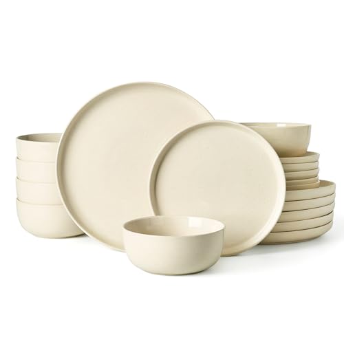 Image of Famiware Milkyway Stoneware Dinnerware Set, 18-Piece, Plates and Bowls for Everyday & Formal Dining, Service for 6, Microwave and Dishwasher Safe, Scratch-Resistant, Almond Milk