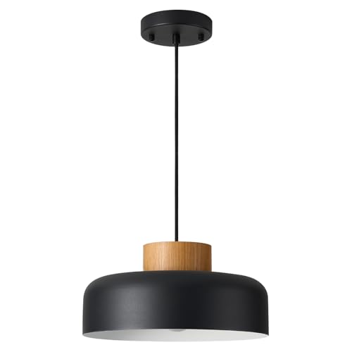 Modern Farmhouse Pendant Lights, 12.6 inch,Natural Wood Cap, Small Simple Ceiling Light Fixture for Kitchen Island, Dining Area, Matte Black