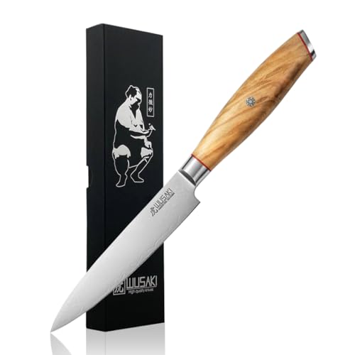 Wusaki Fujiko - Couteau Universel 12cm design japonais lame damas 10CR manche bois d'olivier - Vendu dans un coffret