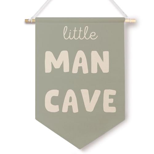 ChenCraty Little Man Cave Wall Canvas Banners, Retro Neutral Boys Nursery Hanging Pennant Flag Banner, Kids Wall Decor for Nursery Kids Boys Room Bedroom Playroom