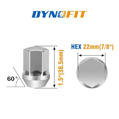 Image of Dynofit M14x1.5 Lug Nuts Compatible with Ram 1500 Jeep Dodge, 20pcs One-Piece Design Chrome Wheel Nuts for 5 Lug OEM Wheel, 7 /8 inch Hex 60 Degree Conical Seat Studs for Wrangler Grand Cherokee