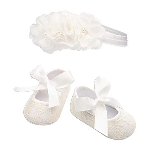 Size 0 - "Petals" Light Ivory (No Flower) Lace Baptism Christening Shoe And Headband Set For Baby Girl #TOP2