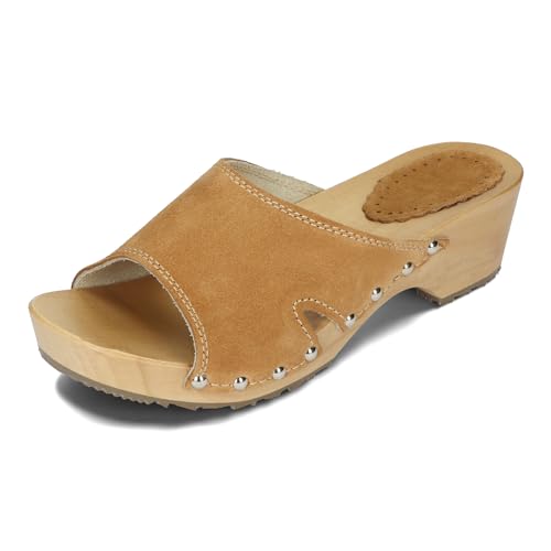 BeComfy Zuecos de piel para mujer con tacón, ante y madera, talla 35-41 EU, marrón, 38 EU