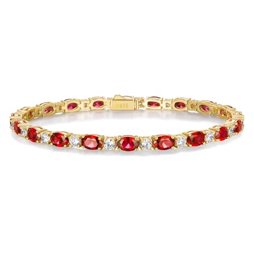 Wyyxl 4mm Oval Ruby Tennis Bracelets for Women - 7.5 Inch Length 14K Gold Plated Silver Sparkly Created Diamond Tennis Bracelets