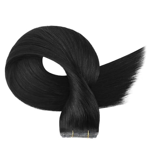 Image of Full Shine Butterfly Weft Hair Extensions Human Hair Color Jet Black Inviisble Double Pu Hole Extensions 22 Inch Long Straight Hair Genius Weft Remy Hair Add Length 100G