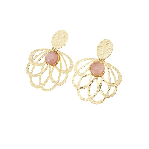 Boucles d'oreilles feuilles acier doré pierre de soleil pendantes bohème