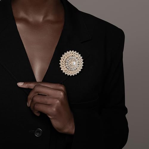 Image of Gold Crystal Shell Flower Brooch Pins for Women Elegant Pearl Rhinestone Floral Brooches Pin Fashion Jewelry for Party Dance Wedding Banquet Brooch for Women Girl Gift