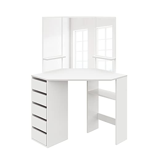 ELEGANT Corner Dressing Table White Makeup Desk with 3 Angle Mirror and 5 Drawers, Large Storage Vanity Table for Girls