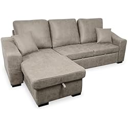 HOMEY - Chaise Longue Sofá Cama con Arcón de Almacenaje Modelo Kumaras, Diseño Moderno, Práctico y Funcional, con Reposabrazos y Cojines Decorativos, Color Gris