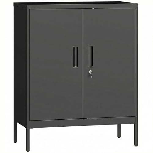 HOMCOM Metal Storage Cabinet with Lock, Office Storage Cupboard with 2 Doors and 2 Adjustable Shelves, Lockable Filing Cabinet for Home Office, Garage, Black