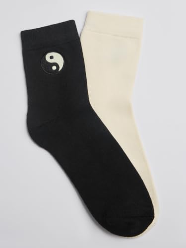 Image of The Souled Store Souled Socks: Yin-Yang Black & Off-White Crew Socks | Cotton Blend, Soft, Breathable, with Applique Patch
