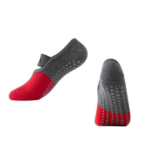 LVCHAO 4 pares de calcetines yoga profesionales con tiras algodón bloques colores, silicona antideslizantes for pilates, fitness y pista baile Para Yoga, Danza(Red)