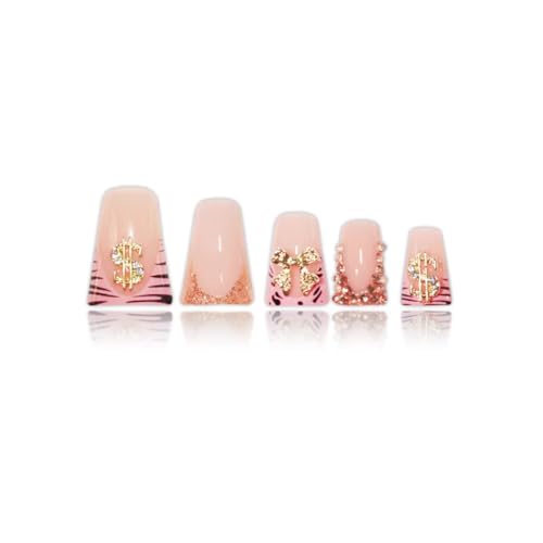 Image of Bow Press on Nails French Tip Fake Nails Pink Glue on Nail with Charms Design Rhinestone False Nail Glossy Full Cover Artificial Acrylic Stick on Nails for Women Girls Manicure 24Pcs