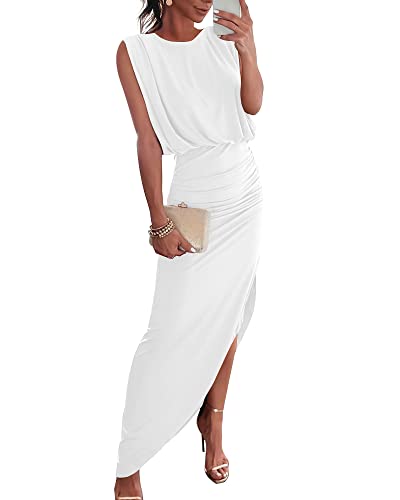 BTFBM Semi Formal Dresses for Women Sleeveless Sundress Asymmetrical Slit Ruched Bodycon Long Wedding Guest Dresss(Solid White, Small)