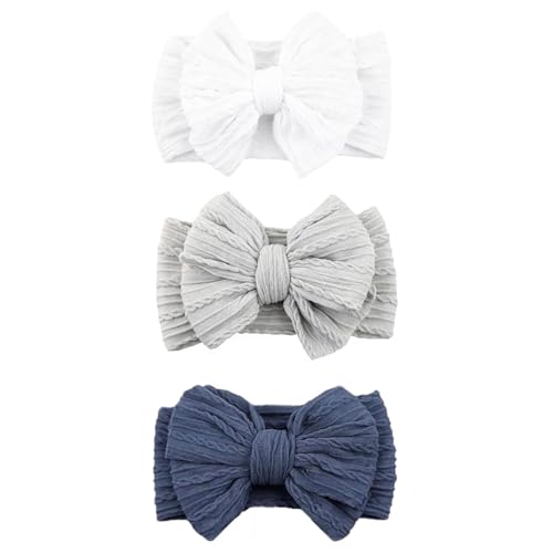 Image of chiduerm 3 Pcs Baby Bows Headbands Soft Nylon Hairbands Super Elastic Headband Hair Accessories For Baby Girls Infant Toddler Essentials (White Grey Blue, Mid)