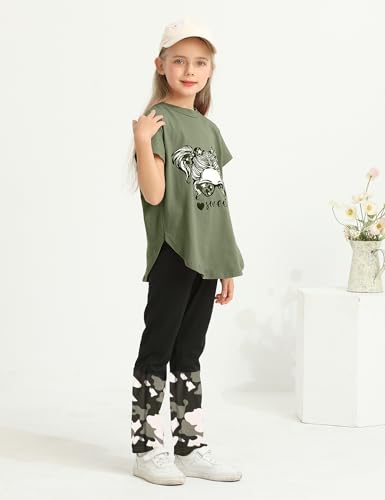 Image of Girls Outfits Short Sleeve Irregular Tops + Camouflage Long Legging Outfits 2PCs Summer Pant Sets 6-14T