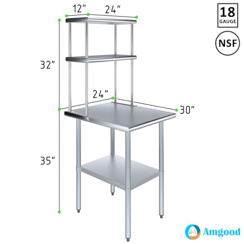 Image of AmGood Stainless Steel Work Table with 12 inch Wide Double Tier Overshelf | NSF (Stainless Steel Table with Double Overshelves, 24 inch Long x 30 inch Deep)