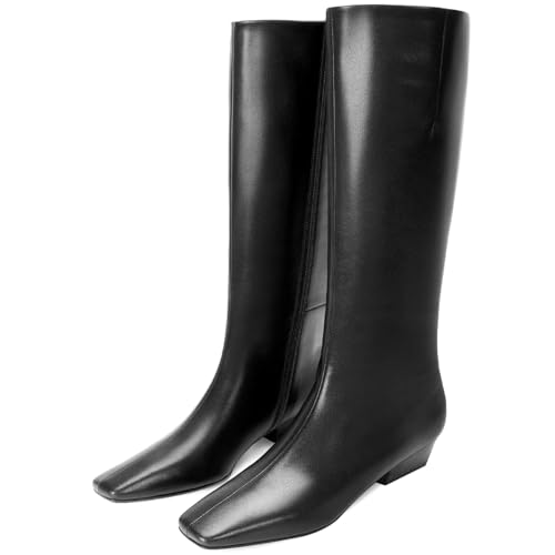 Knee High Boots for Women Kitten Low Block Heel Wide Calf Square Toe Crocodile Boots Flat Tall Boots with Side Zipper Riding Gogo Boots
