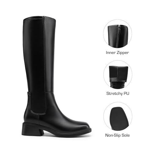 DREAM PAIRS Women's Knee High Boots Square Toe Low Block Heel Casual Comfort Riding Long Boots with Side Zipper2