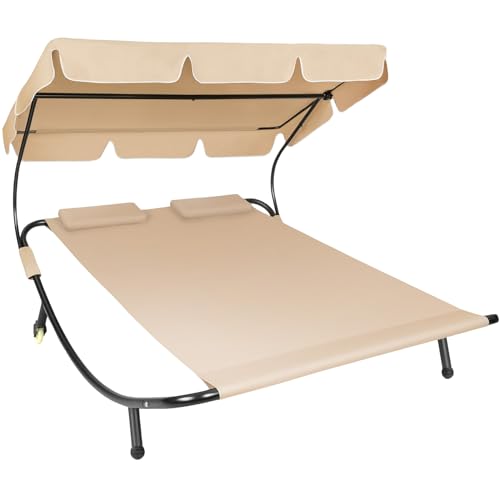 TecTake® Tumbona Doble de Jardín, Tumbona de Playa con Parasol Plegable, Tumbona de Piscina para Dos, Tumbona Jardín Exterior con 2 Ruedas y Cojines, Fácil Montaje, Interior y Exterior - Negro/Beige