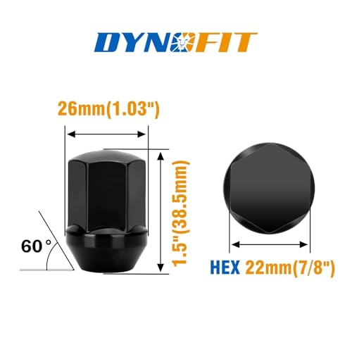 Image of Dynofit 14mmx1.5 Lug Nuts fit Che /vy Buick Cadillac Challenger Sedan, 20pcs One-Piece Style OEM Wheel Lug Nut Replace OE# 611-330|611-331, M14x1.5 Black Skinny Factory Lug Nuts for Je /ep Ram Stock Rim
