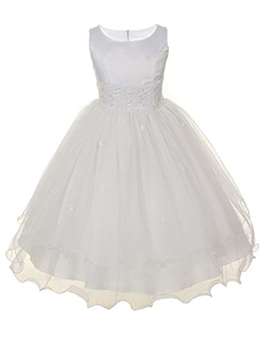Kid's Dream Girls' Satin Bodice Communion Dress with Floral Waistband and Tulle Skirt