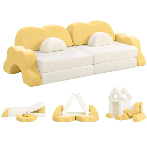 Image of BESTFAIR Modular Kids Play Couch, 13PCS Thick Toddler Sofa Set, Convertible Foam Couch for Building Forts, Lounger & Play, Removable Washable Cover for Playroom, Bedroom (Yellow)