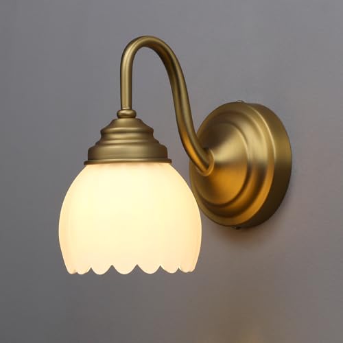 Image of Phansthy Vintage Brass Boho Wall Sconces, Hardwired Wall Lights with Tulip Glass Lampshade, Brass Vanity Lamp Modern Wall Lighting Fixtures for Bedroom, Living Room, Hallway (Antique + White Shade)