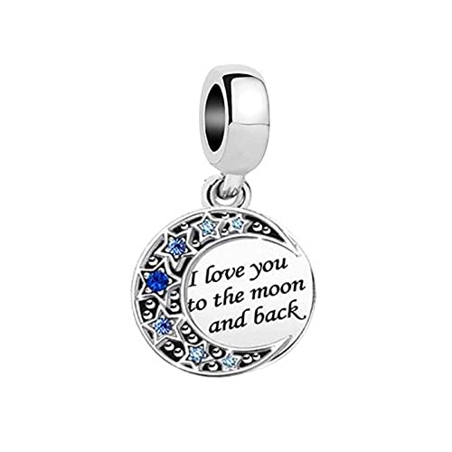 KunBead I Love You to the Moon and Back Blue Crystal Star Dangle Charms Compatible with Pandora Charm Bracelets for Women