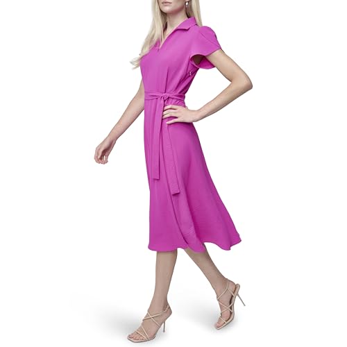 Image of DKNY Women's Short Sleeve Collared V-Neck Tie Waist Midi Dress