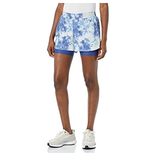 Amazon Essentials Pantalón Corto para Correr de Tejido Elástico de Doble Capa Mujer, Azul Estampado de Esquí, S