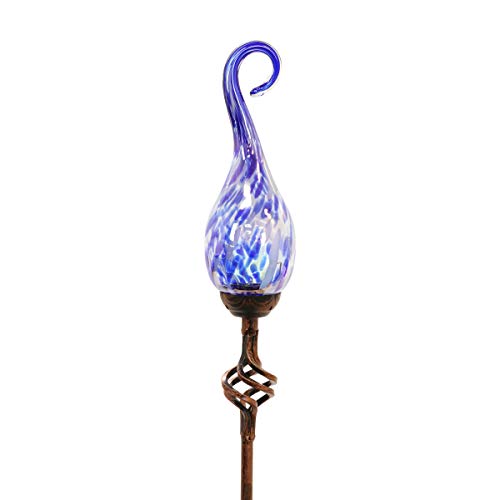 Exhart Garden Solar Lights, Decorative LED Flame Garden Stake, Hand Blown Glass and Metal Outdoor Decoration, Spiral Blue, 3 x 36 Inch