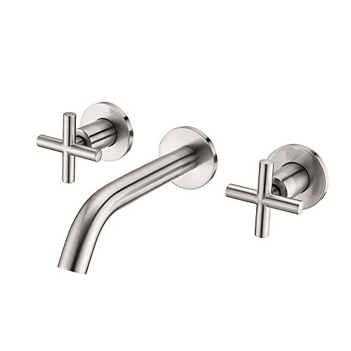 NEWATER Brushed Nickel Brass Bathroom Faucet, Wall Mounted Double Handle Lavatory Basin Sink