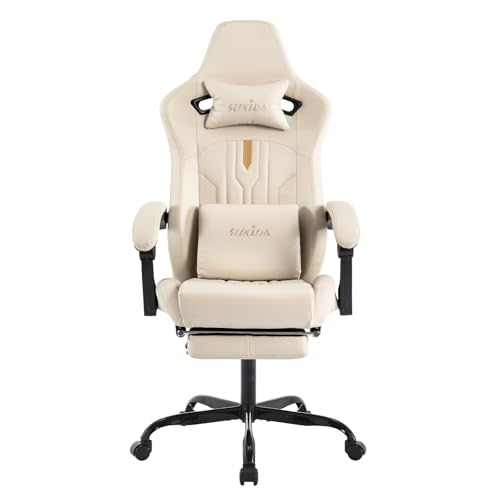 SUKIDA Gaming Chair Massage – Gamers Choice Gaming Chairs for Adults, Reclining Ergonomic Gamer with Footrest Pc Computer Comfy Leather Swivel Recliner Adjustable Backrest Lumbar, Beige