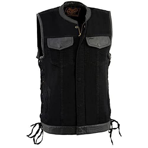 Milwaukee Leather MDM3011 Men's Black 'Hidden Zipper' Side Lace Motorcycle Rider Denim Vest w/Leather Trim