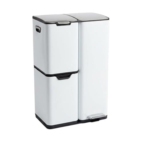 Bayt Poubelle Cuisine - Poubelle 60 Litres - Poubelle à Pédale 60L - Tri des Déchets 3 Compartiments - Corbeille à Pédale Inox - Blanc
