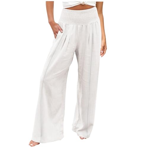 Pantalon lin femme taille haute léger été avec poche latérale