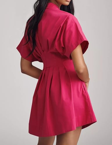 Image of Burtell Summer Button Down Pleated Shirt Dress for Women Striped Print V Neck Short Sleeve Mini Dress Casual Corset Dresses