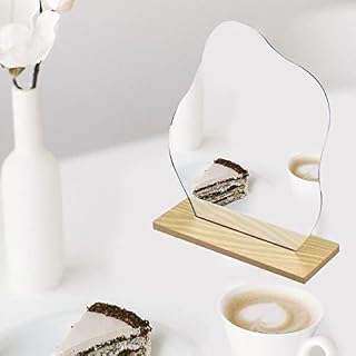 Kikuo Acrylic Irregular Mirror, Frameless Aesthetic Mirror, Asymmetrical Mirror with Wooden Base, Acrylic Makeup Mirror for Bathroom, Living Room and Aesthetic Room Decor