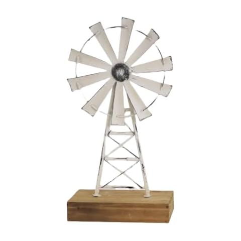 TenFuju Farmhouse Windmill Table Decor - Rustic White Distressed Metal & Wood Windmill for Kitchen, Living Room, Office, or Shelf Decoration Cover