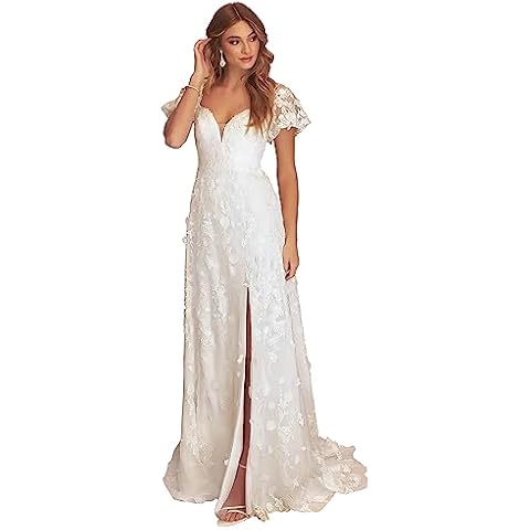 SEIM Womens Lace Tulle Short Sleeve Ivory Wedding Dresses for Bride 2024 A Line Illusion Plunge Neck Bridal Gowns Ivory US Size 12 Cover