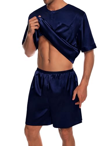 SWOMOG Men Satin Pajamas Set Short Sleeve Silk Sleepwear Button Down 2 Piece Loungewear with Pockets Deep Navy Blue 3X-Large2
