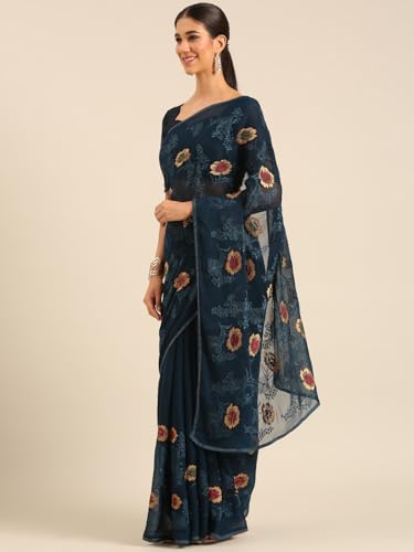 Image of Panzora Women's Chiffon Embroiderd Saree With Blouse Piece
