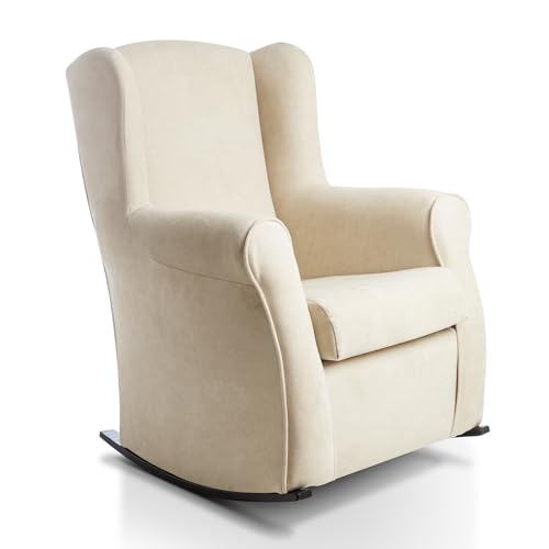SUENOSZZZ-ESPECIALISTAS DEL DESCANSO Sillon orejero balancin wengué Carla (Sillon Lactancia) Sillón tapizado Antimanchas acualine Color Beige. Mecedora para Dormitorio, Salon o habitacion de Bebe