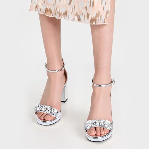 Women's Chunky Platform Heel Rhinestone Sandals Open Toe High Heel Buckle Strap Dressy Summer Shoes for Weddings, Parties & Daily Wear3