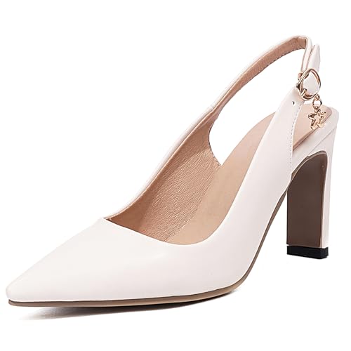 Lroey Reoly Zapatos Destalonados de Mujer con Tacón En Bloque, Bombas de Tacón Alto Puntiagudo Hebilla Zapatos de Fiesta Moda Polear Beige Talla 42 EU