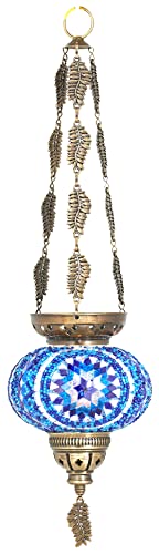 DEMMEX Turkish Moroccan Colorful Mosaic Bohemian Boho Hanging Candle Holder Lantern with Handmade Colorful Glass Globe and Metal Leaf Chains, 60 cm (Blue)