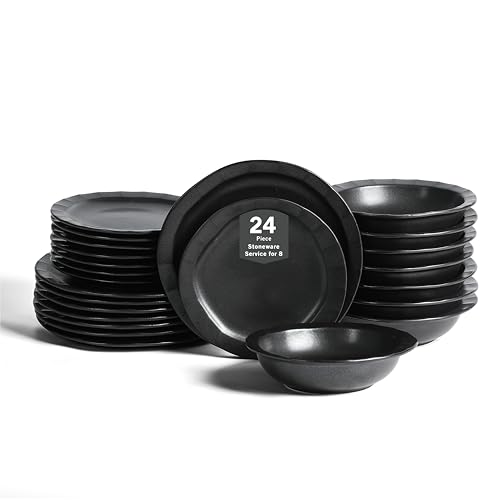Stone Lain Oasis 24-Piece Dinnerware Set Stoneware, Dishwasher and Microwave Safe Plates and Bowls Set, Dish Set for 8, Black