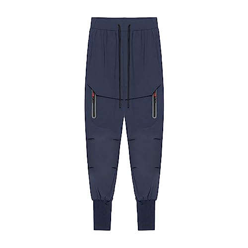 Maiyifu-GJ Men's Multi-Pocket Drawstring Toe-Binding Overalls Pants Sports Jogging Fitness Trousers Mid-Waist Feet Slacks (Navy,X-Large)