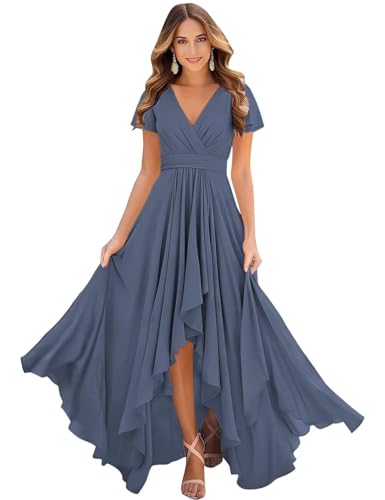 Mother of The Bride Dresses for Women V Neck High Low Chiffon Bridesmaid Dress Flutter Sleeves Formal Gown